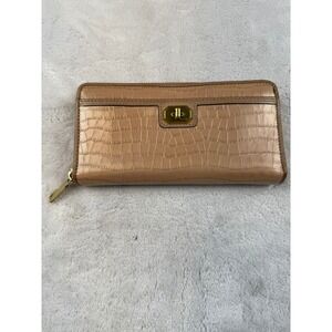 COACH Croc Embossed Leather Zip Around Wallet Organizer‎ Tan Gold